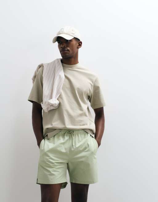 Mango - Klassieke gestreepte seersucker short in groen, 2 van 5