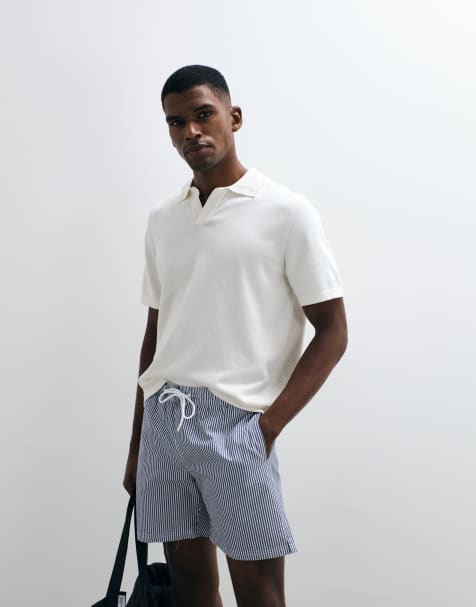 Mango - Klassieke gestreepte seersucker short in marineblauw - view 1