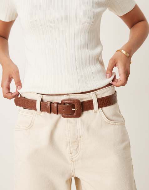 Mango - Klassieke riem met vierkante gesp en krokodetail in bruin - view 1