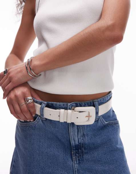 Mango - Klassieke riem met vierkante gesp en krokodetail in crème - view 1