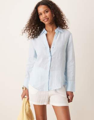 Mango - Klassische Hemdbluse aus Leinen in Hellblau