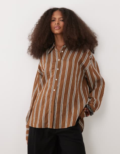Mango - Klassisk og oversized brun skjorte med striber - view 1