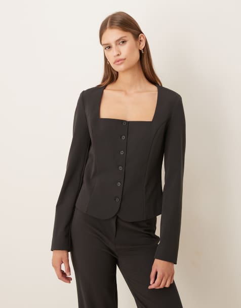 Mango Klumi tailored square neck jacket co-ord in charcoal