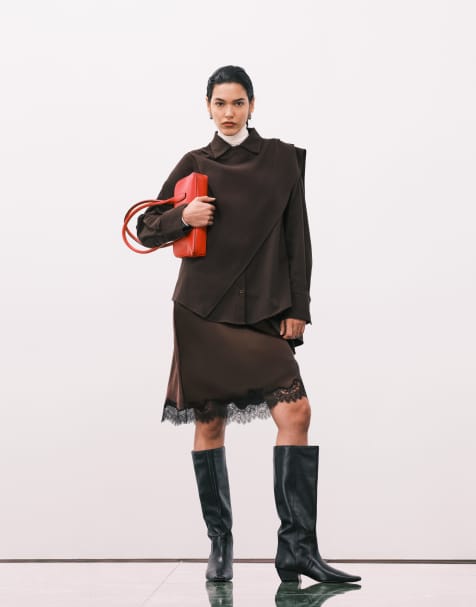 Mango knee length skirt with lace edge in brown - view 1