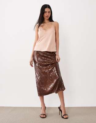 Mango - Knielange rok met lovertjes in middenbruin | ASOS
