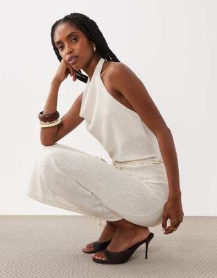 Mango Knit Belted Halterneck Maxi Dress In White