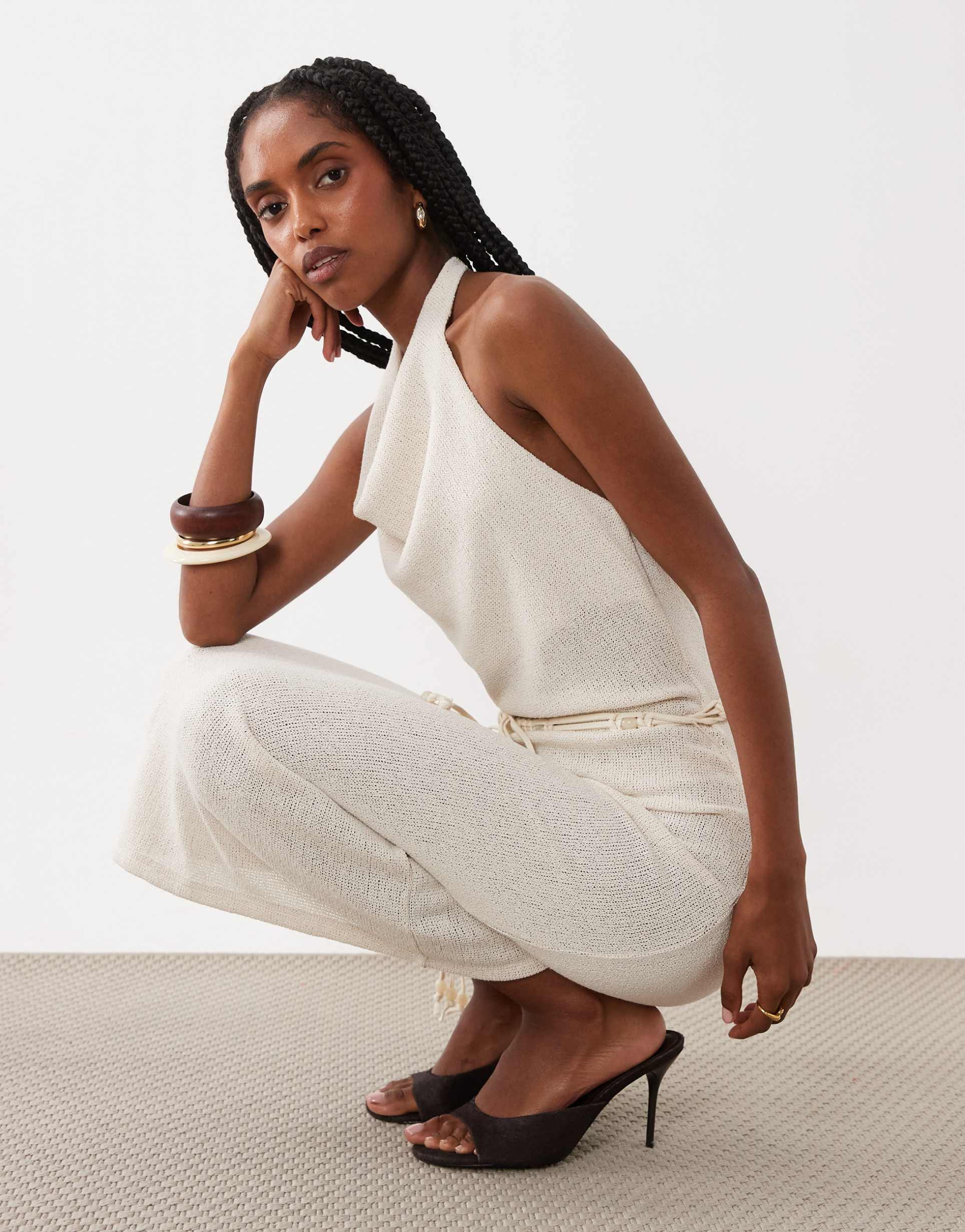 mango knit belted halterneck maxi dress in cream