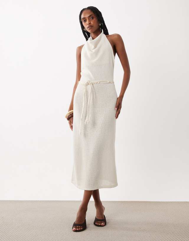 MANGO - Knit Halter Dress with belt ecru