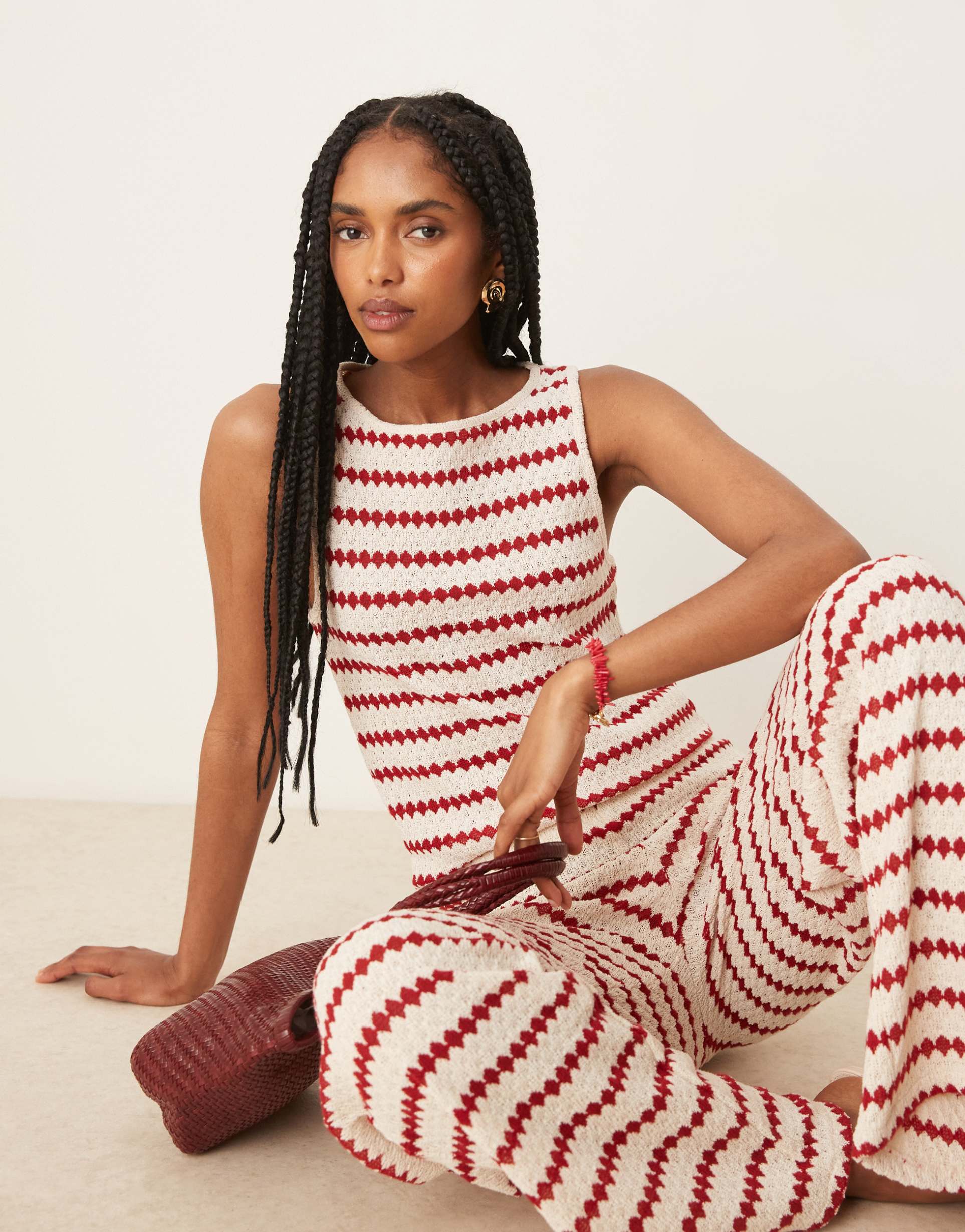 mango knit boat neck sleeveless top in red stripes - part of a set