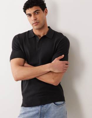 Mango Knit Button Down Short Sleeve Polo Shirt In Black