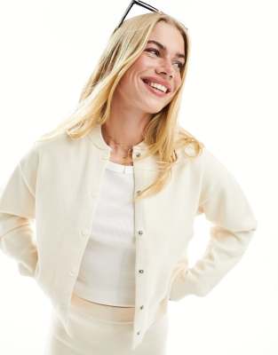 knit button front bomber jacket in white