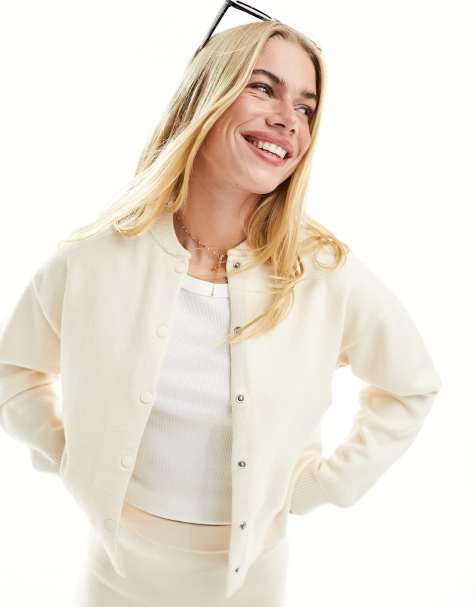Mango knit button front bomber jacket in white - view 1
