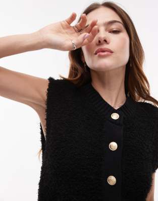 Mango knit button up vest in black