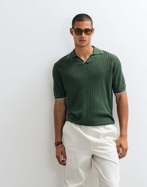 Mango knit camp collar contrast tipping polo top in khaki green, 2 of 5