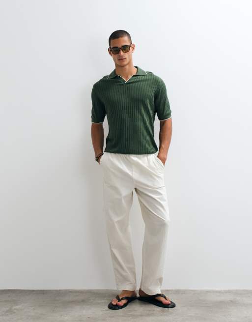 Mango knit camp collar contrast tipping polo top in khaki green, 3 of 5