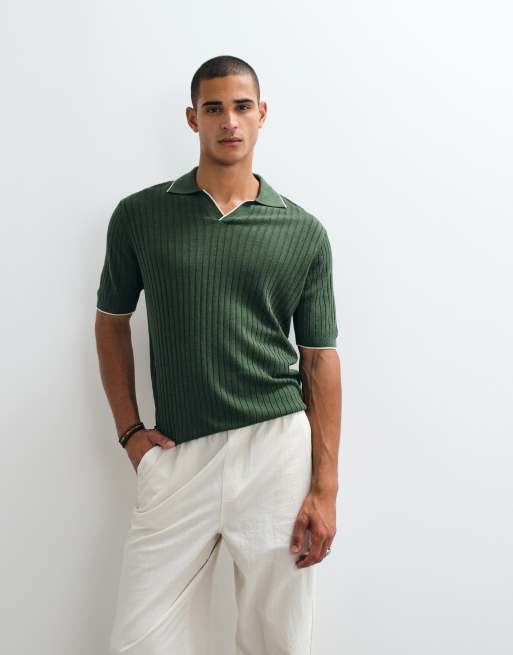 Mango knit camp collar contrast tipping polo top in khaki green, 4 of 5
