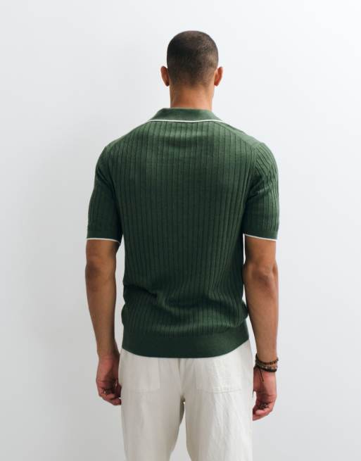 Mango knit camp collar contrast tipping polo top in khaki green, 5 of 5
