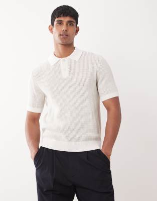 Mango Knit Camp Collar Short Sleeve Polo Shirt In White