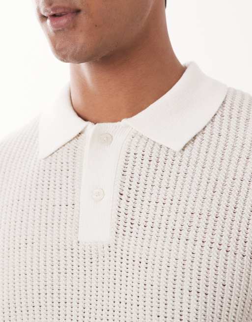 Mango knit camp collar short sleeve polo shirt in cream, 5 of 5