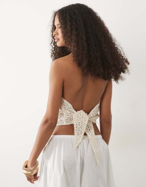 Mango knit halterneck top with statement flower in beige, 4 of 4