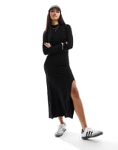 Monki long sleeve jersey scoop neck dress with side slit in black