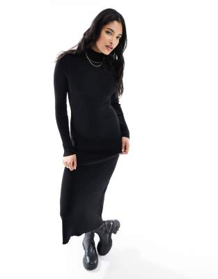 knit high neck midi dress in black