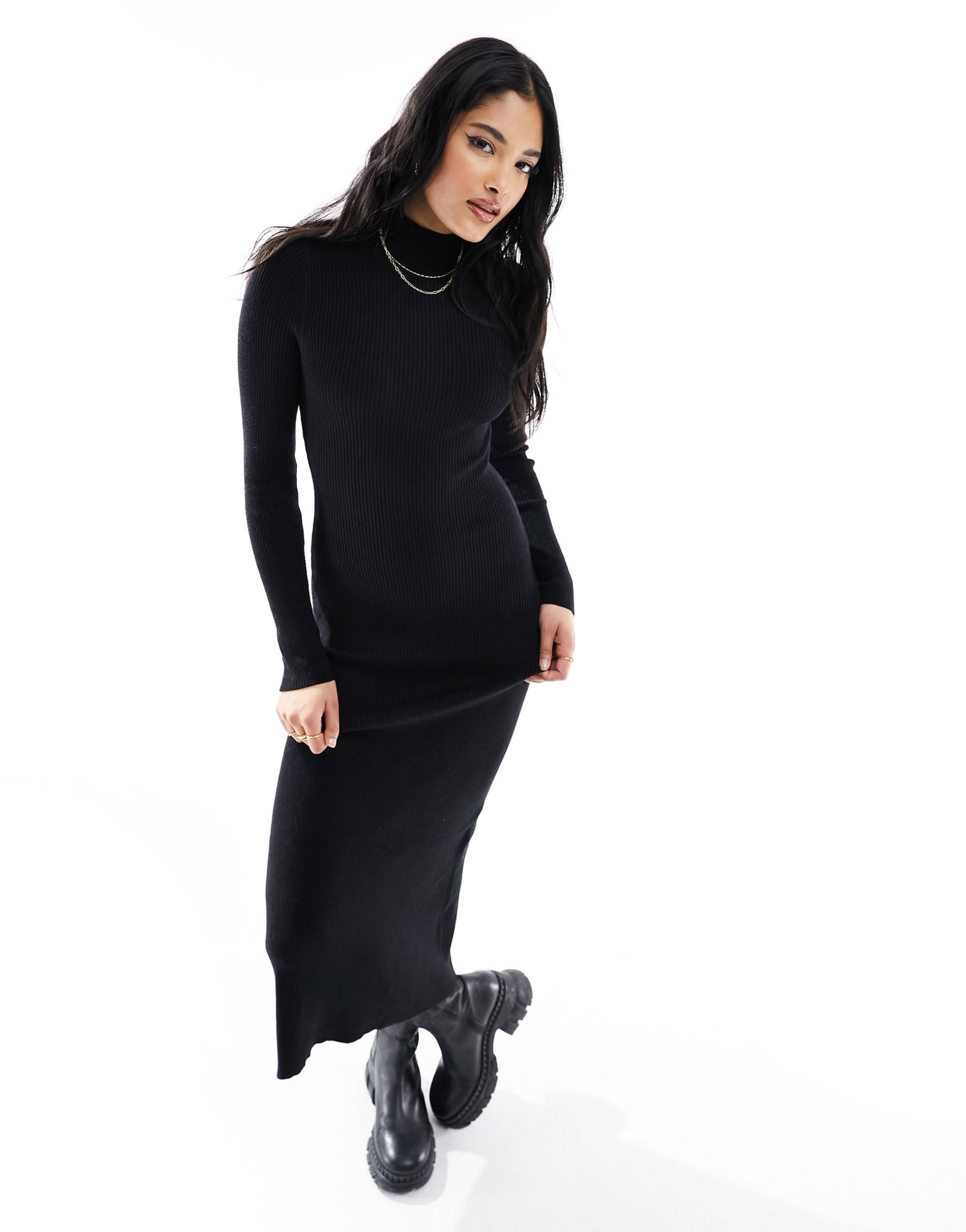 mango knit high neck midi dress in black