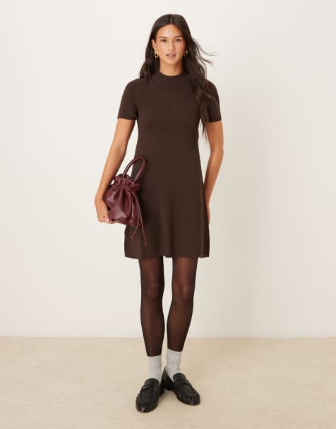 Mango knit high neck short sleeve mini dress in brown - view 1