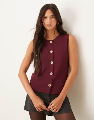 Mango Knit High Neck Vest With Gold Buttons In Red