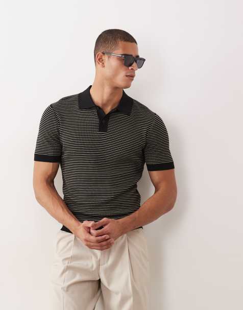 Mango knit micro striped polo shirt in black - view 1