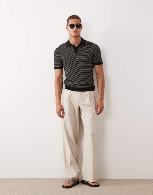 Mango knit micro striped polo shirt in black, 3 of 5