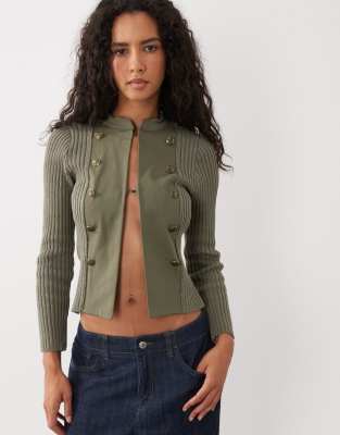 Mango Knit Military Detail Jacket In Green
