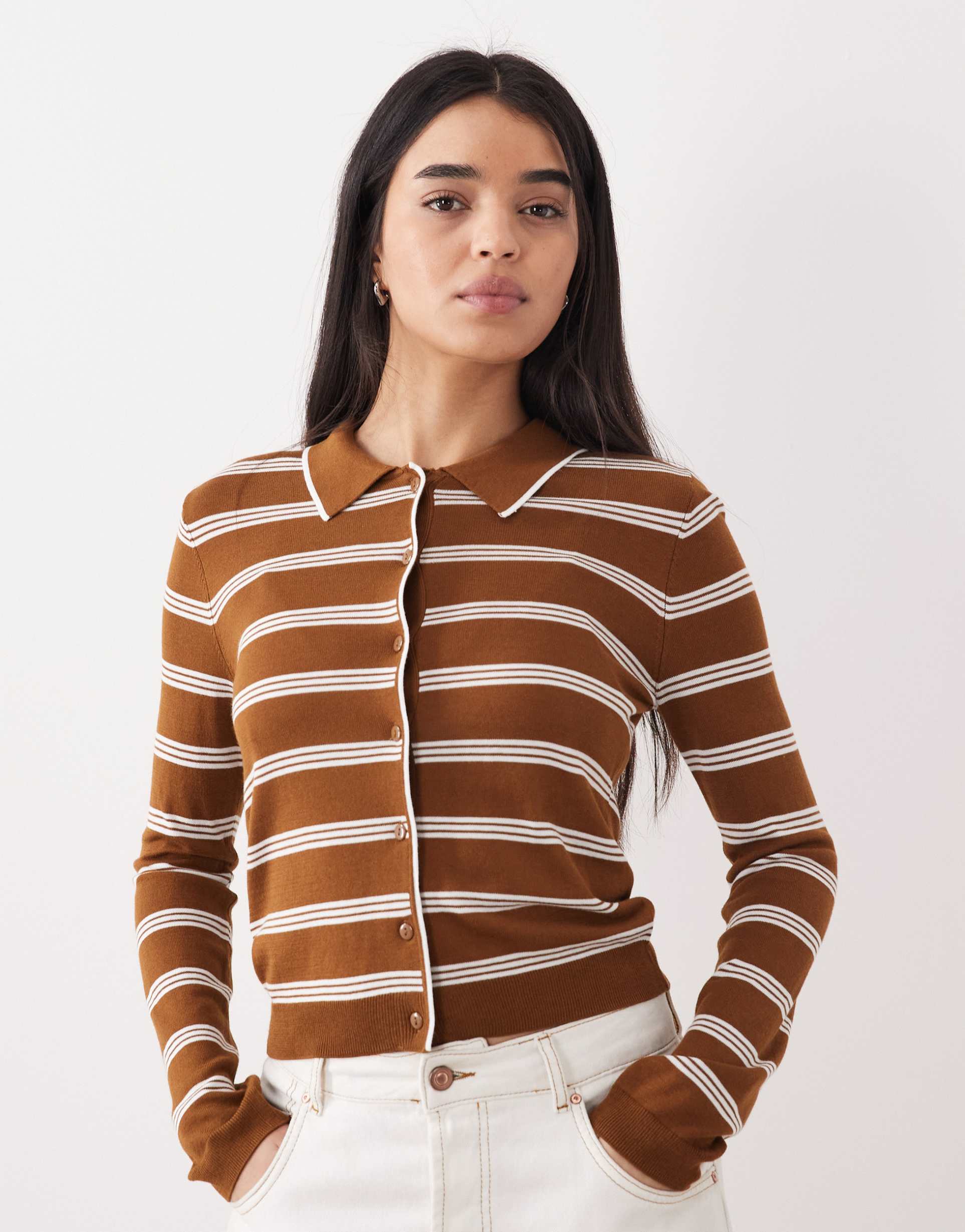 mango knit polo cardigan in brown stripes