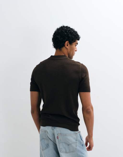 Mango knit polo shirt in brown, 5 of 5