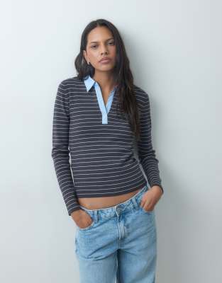 Mango Knit Polo Top In Gray