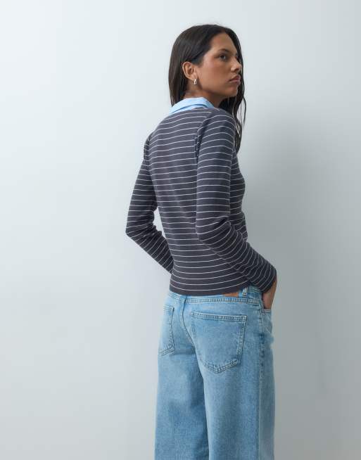Mango knit polo top in gray striped print, 4 of 4