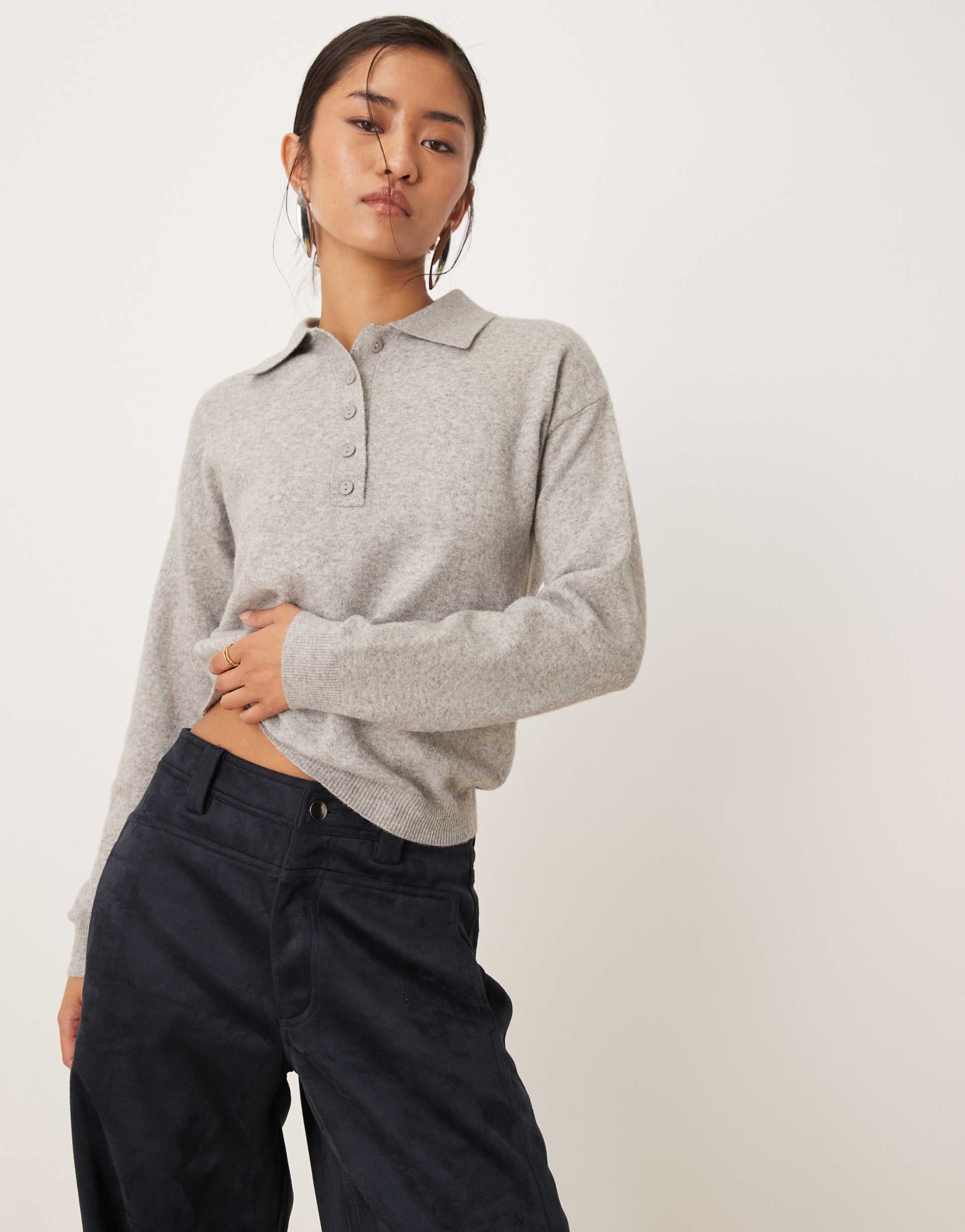 mango knit polo top in light gray