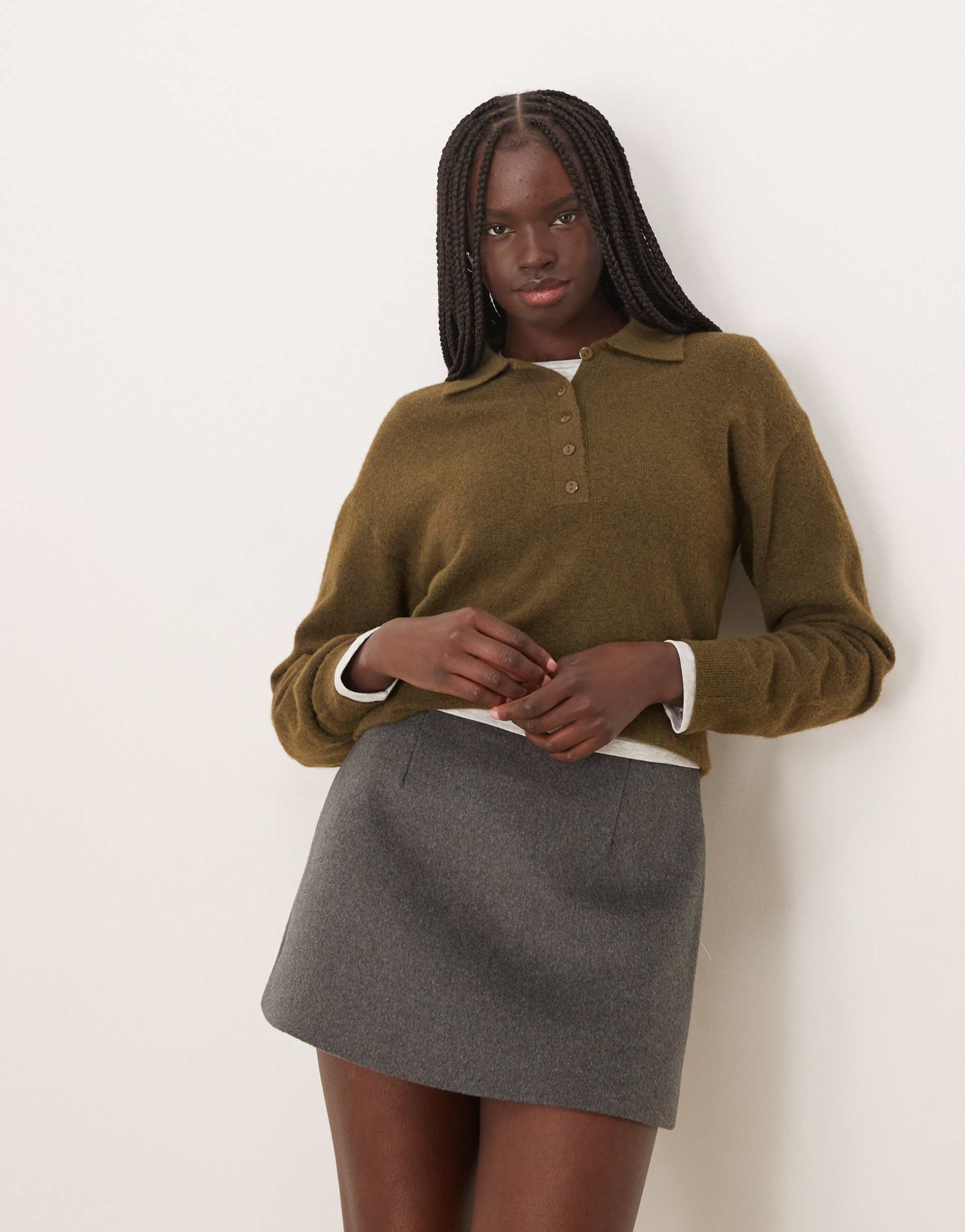 mango knit polo top in light khaki