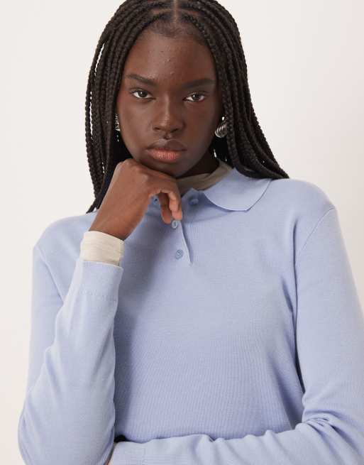 Mango knit polo top in pale blue, 4 of 4