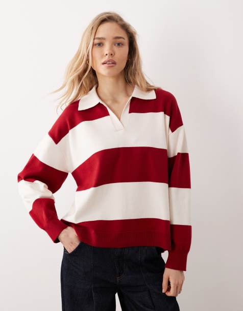 Mango knit polo top in red and white stripes - view 1