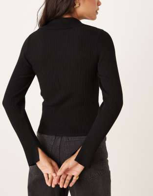 Mango Knit Polo Top With Gold-tone Button In Black