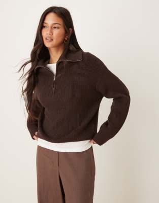 Mango Knit Quarter Zip Sweater In Brown