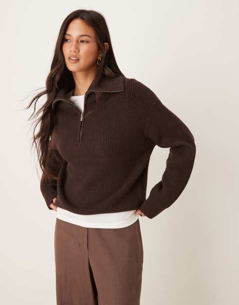 Mango knit quarter zip sweater in brown - view 1