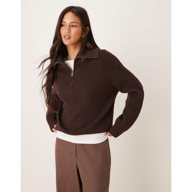 Mango knit quarter zip sweater in brown | ASOS