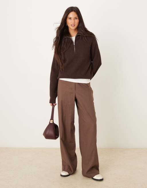 茶まめ Mango knit quarter zip sweater in brown | ASOS