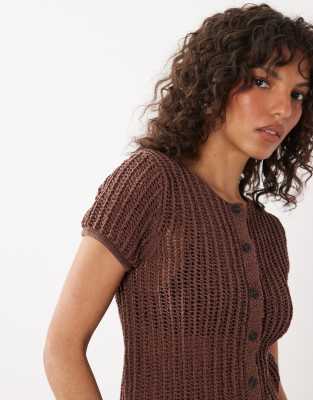 Mango Knit Short Sleeve Cardigan In Brown