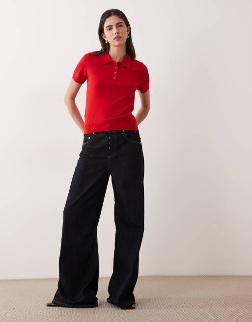 Mango knit short sleeve polo shirt in bright red, 2 of 4