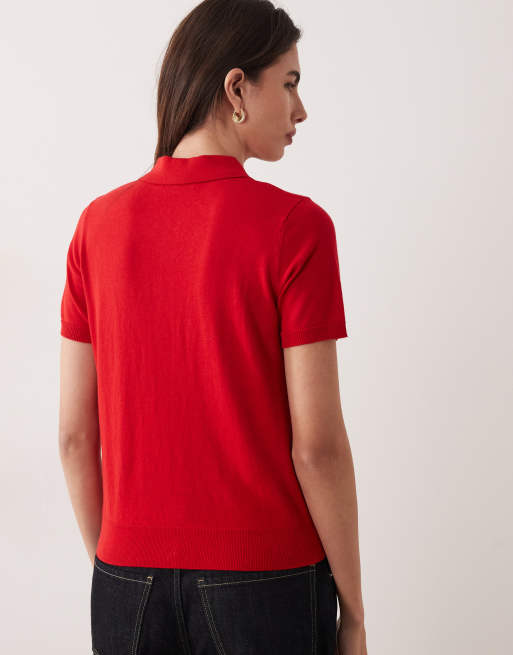 Mango knit short sleeve polo shirt in bright red, 4 of 4