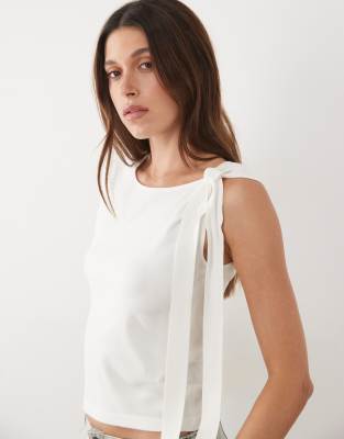 Mango Knit Sleeveless Top With Tie Shoulder In White