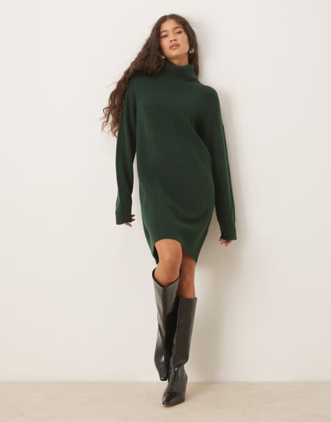 Mango knit soft touch roll neck dress in dark green - view 1